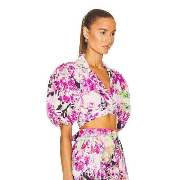 ROCOCO SAND Tessa Pink Floral Cotton Puff Sleeve Wrap Top Shorts Set, Size S - Picture 2 of 16